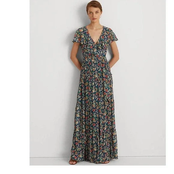Ralph Lauren | Dresses | Ralph Lauren Zippered Belted Fulllength Evening Fit  Flare Dress Blue Size 6 Nwt | Poshmark